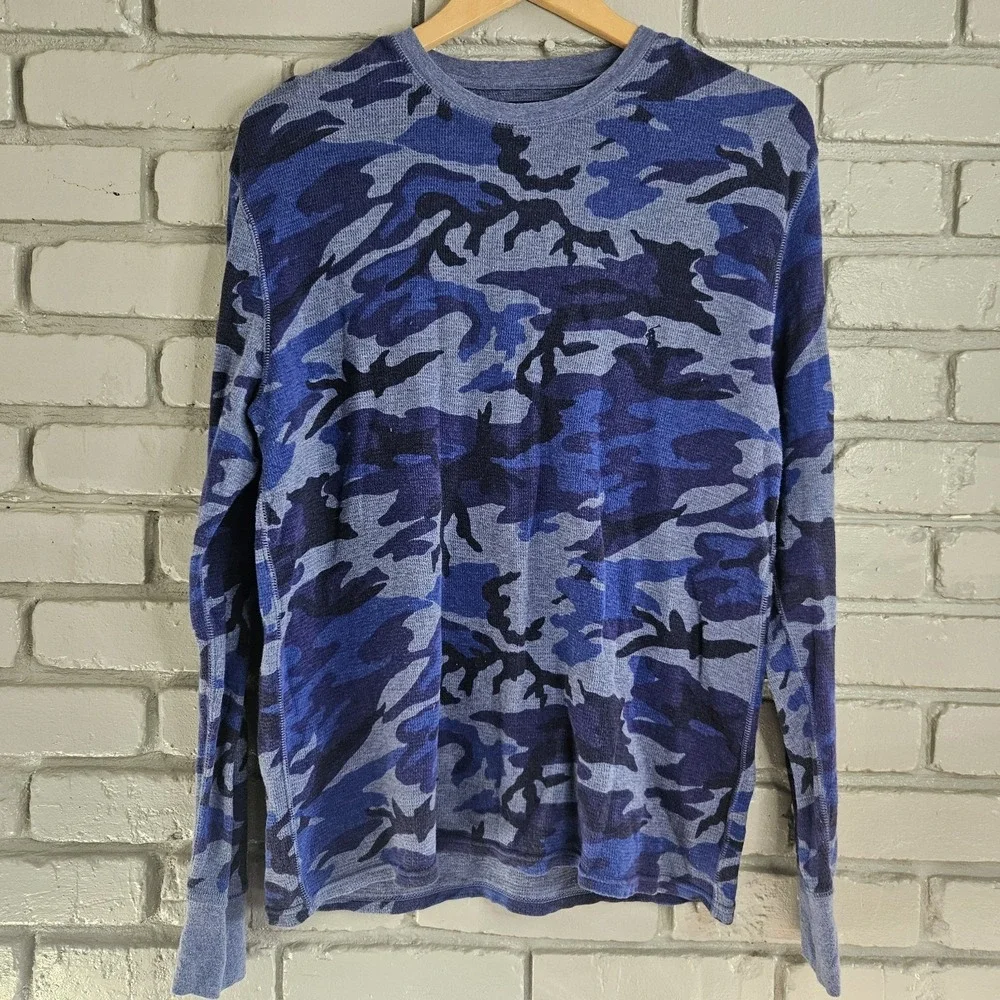 Polo Ralph Lauren Shirt Size‎ Medium Blue Camo Waffle Thermal Long Sleeve Layer